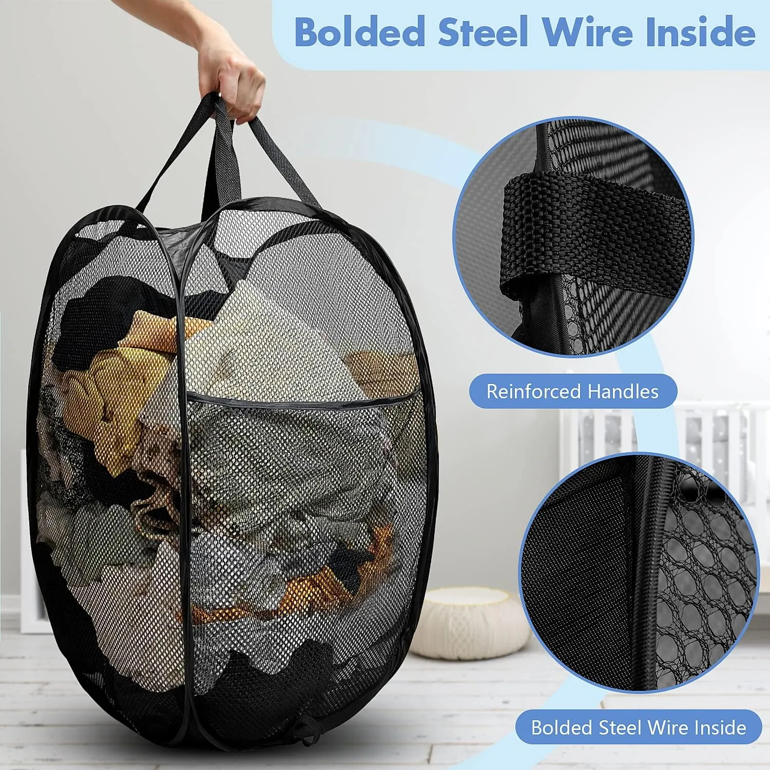 Pop Up Hamper, 2 PCS Mesh Pop Up Laundry Hamper, Foldable Mesh Laundry Basket with Space-Saving Design for Home, Dorm, Travel & Storage - Black