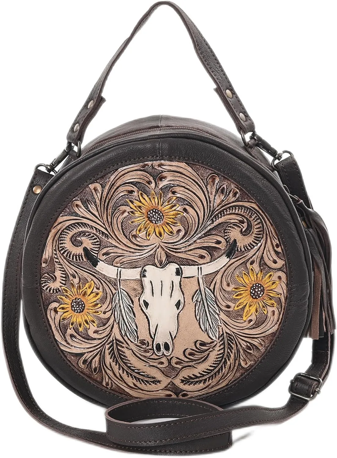 Premium Handtooled Leather Round Western Crossbody Bag Purses For Women