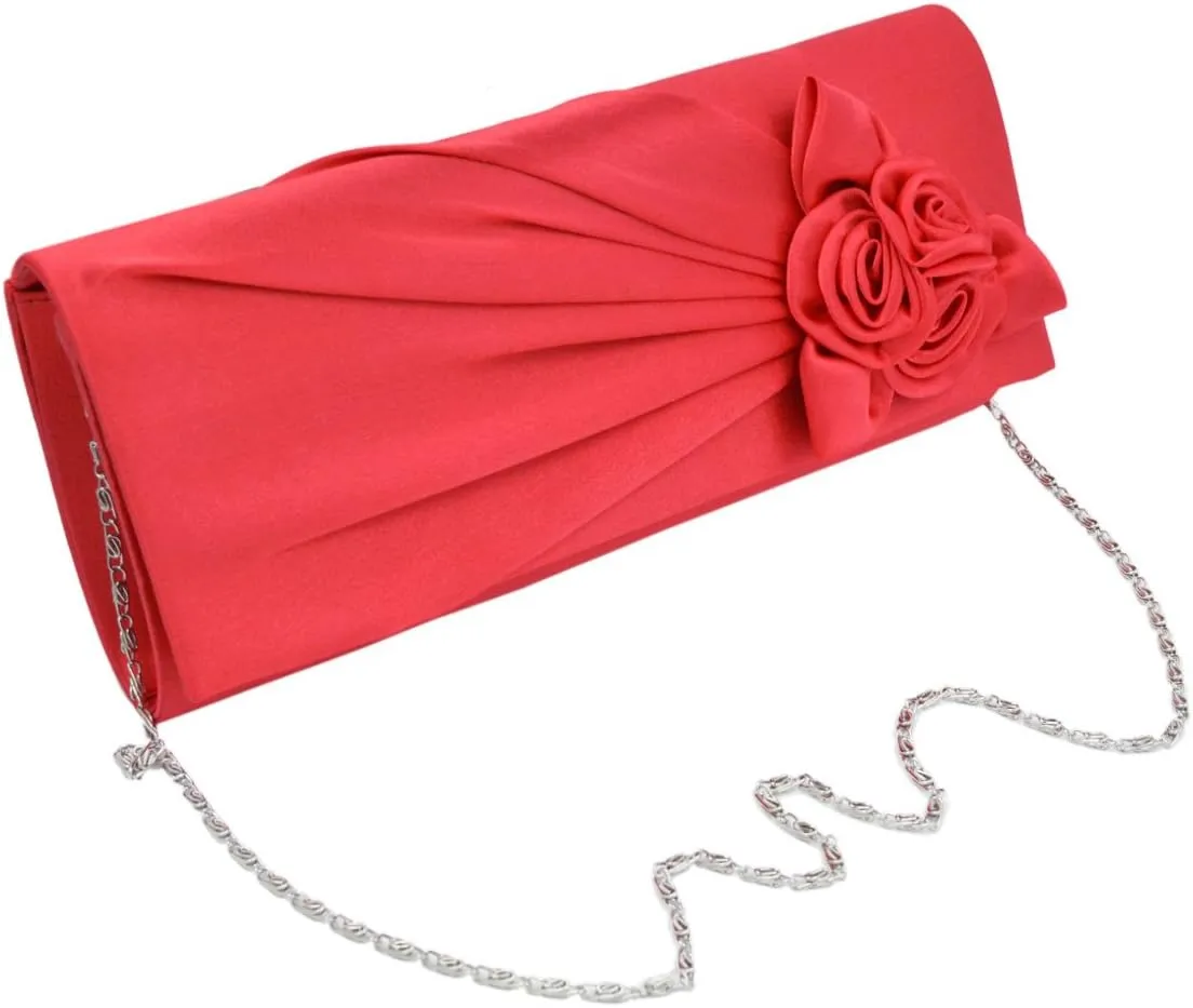 Premium Rose Floral Pleated Satin Flap Clutch Evening Bag