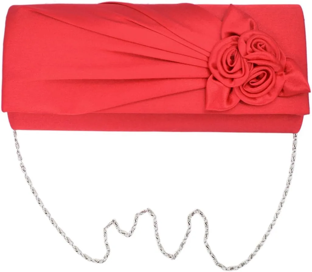 Premium Rose Floral Pleated Satin Flap Clutch Evening Bag