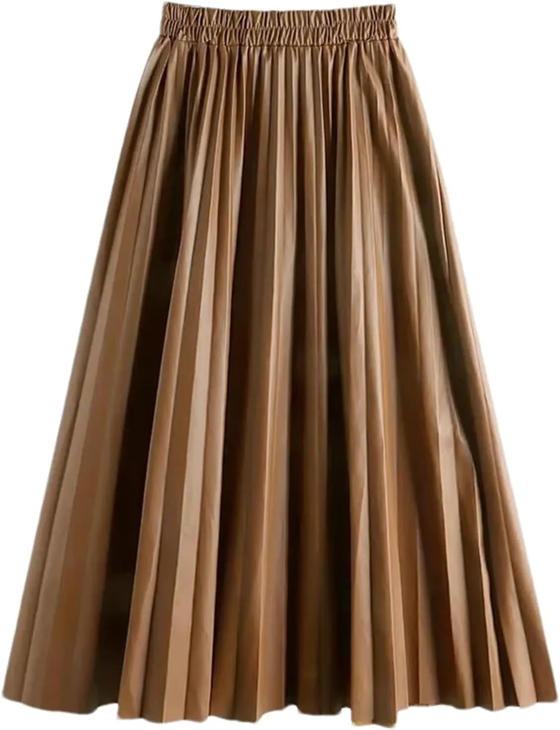 PU-Leather Pleated Skirt Women High Waist Fashion All-Match A-Line Mi-Long Skirt