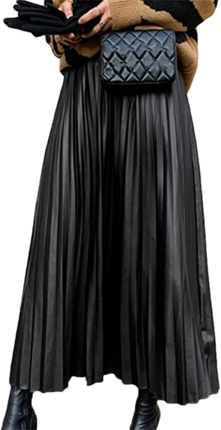 PU-Leather Pleated Skirt Women High Waist Fashion All-Match A-Line Mi-Long Skirt