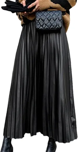 PU-Leather Pleated Skirt Women High Waist Fashion All-Match A-Line Mi-Long Skirt