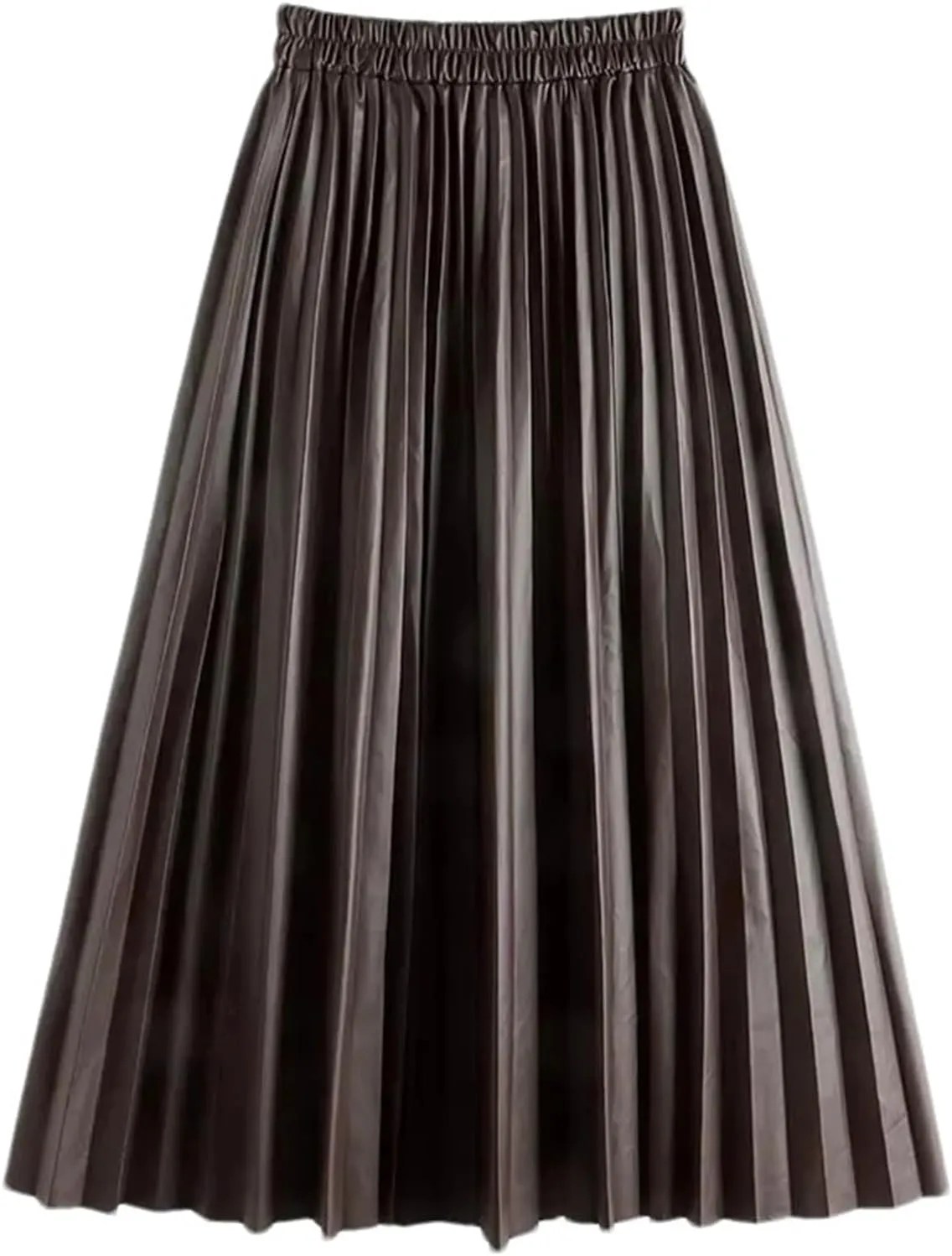 PU-Leather Pleated Skirt Women High Waist Fashion All-Match A-Line Mi-Long Skirt