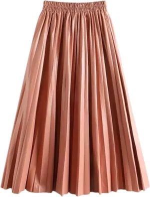 PU-Leather Pleated Skirt Women High Waist Fashion All-Match A-Line Mi-Long Skirt
