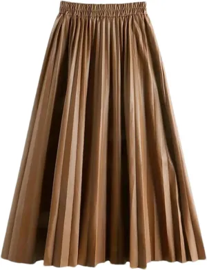 PU-Leather Pleated Skirt Women High Waist Fashion All-Match A-Line Mi-Long Skirt