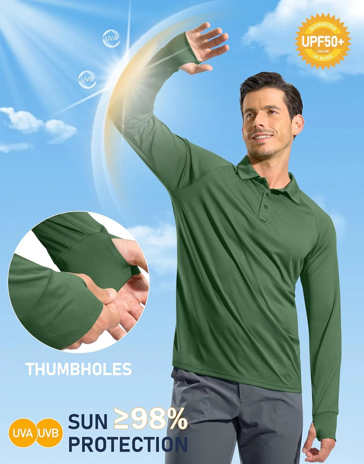 Pudolla Men's Long Sleeve Golf Polo Shirt UPF 50  Lightweight Sun Protection Cool Shirts for Men Work Fishing Hiking