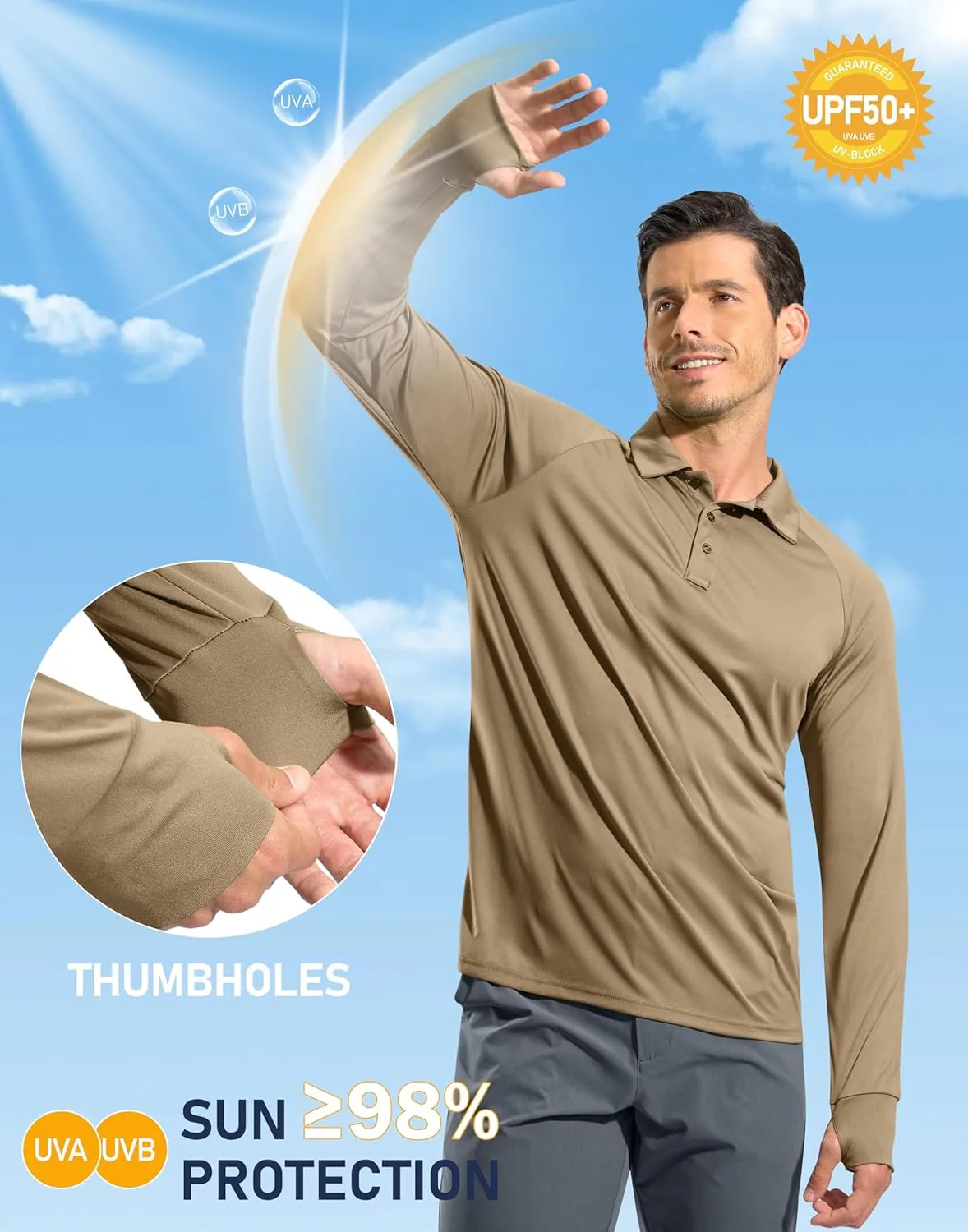 Pudolla Men's Long Sleeve Golf Polo Shirt UPF 50  Lightweight Sun Protection Cool Shirts for Men Work Fishing Hiking