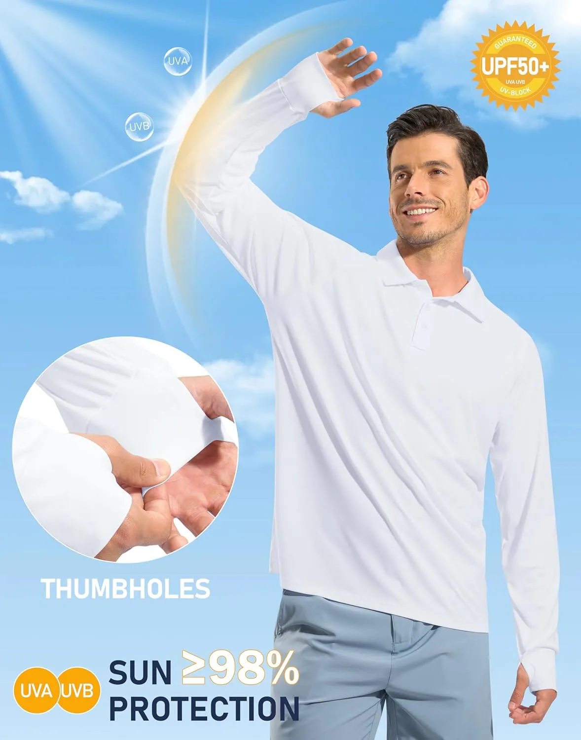 Pudolla Men's Long Sleeve Golf Polo Shirt UPF 50  Lightweight Sun Protection Cool Shirts for Men Work Fishing Hiking