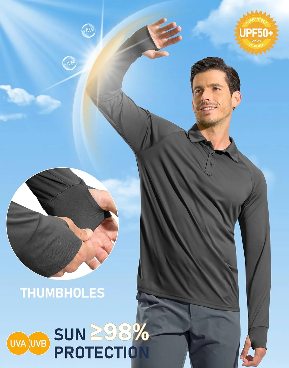 Pudolla Men's Long Sleeve Golf Polo Shirt UPF 50  Lightweight Sun Protection Cool Shirts for Men Work Fishing Hiking