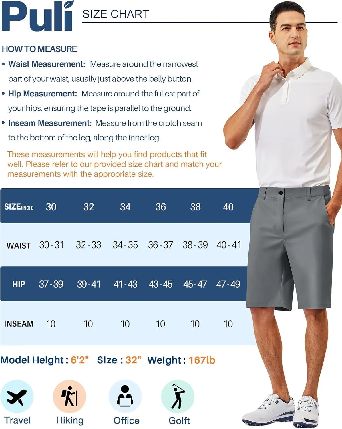 PULI Men's 10" Golf Shorts Dress Casual Summer Flat Front Lightweight Travel Short with Pockets