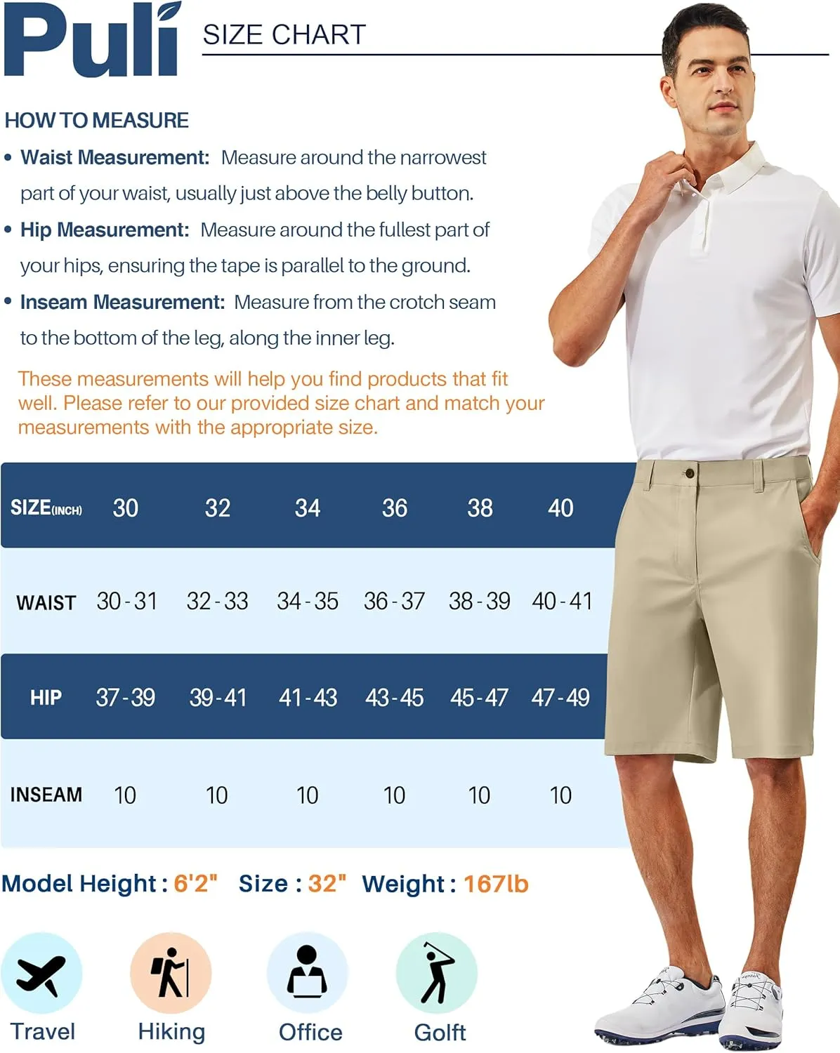 PULI Men's 10" Golf Shorts Dress Casual Summer Flat Front Lightweight Travel Short with Pockets