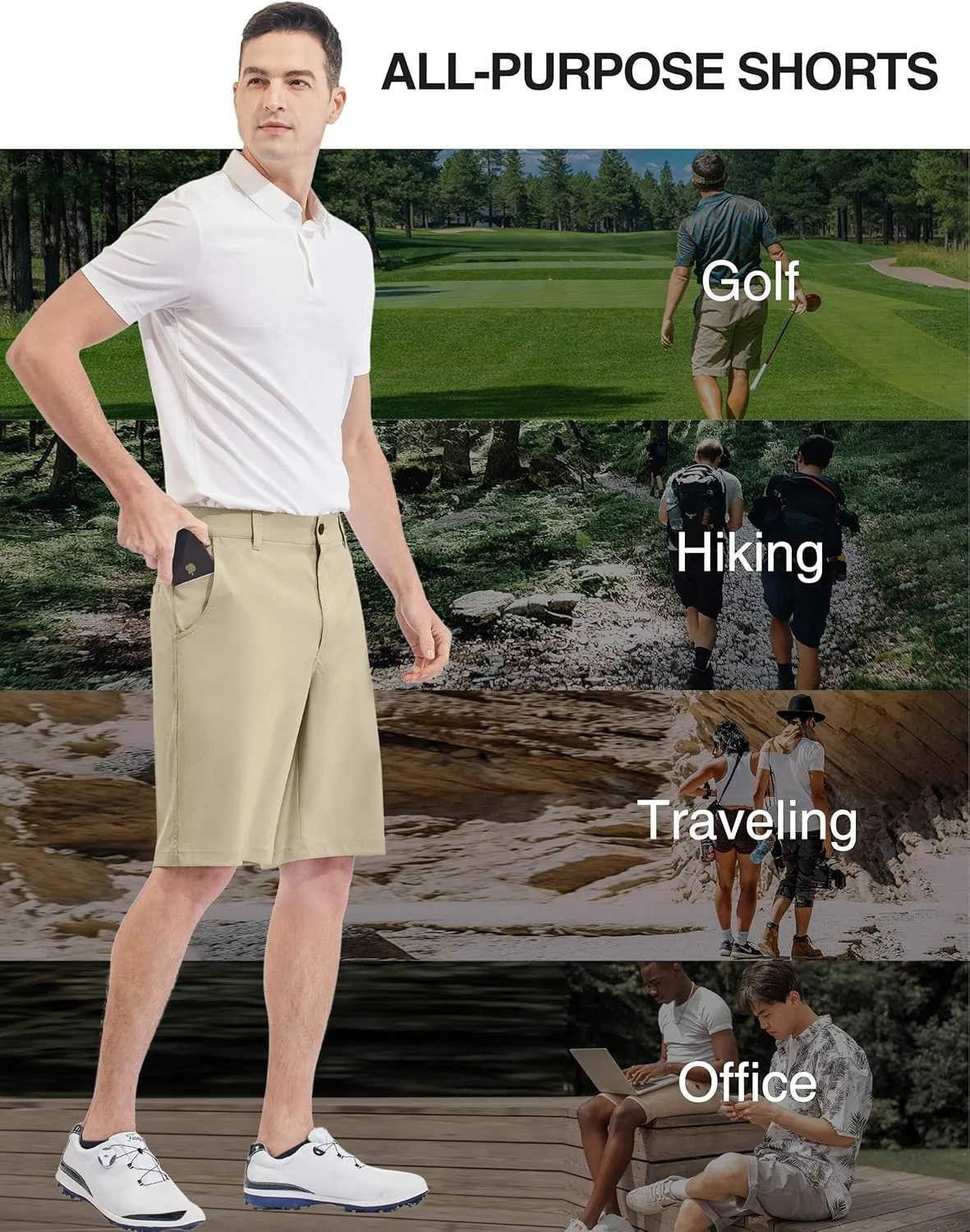 PULI Men's 10" Golf Shorts Dress Casual Summer Flat Front Lightweight Travel Short with Pockets