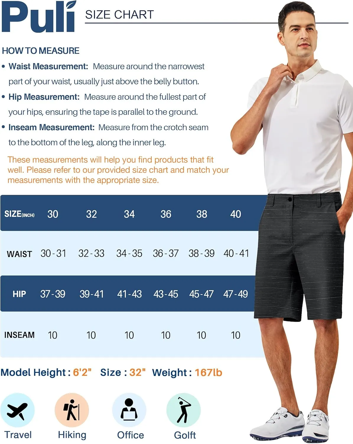 PULI Men's 10" Golf Shorts Dress Casual Summer Flat Front Lightweight Travel Short with Pockets