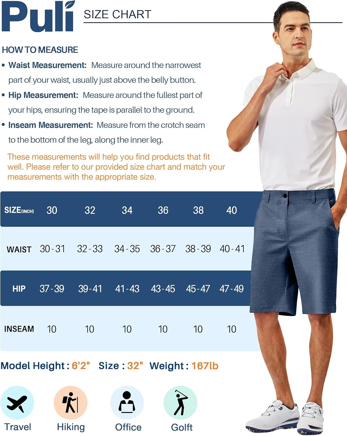 PULI Men's 10" Golf Shorts Dress Casual Summer Flat Front Lightweight Travel Short with Pockets