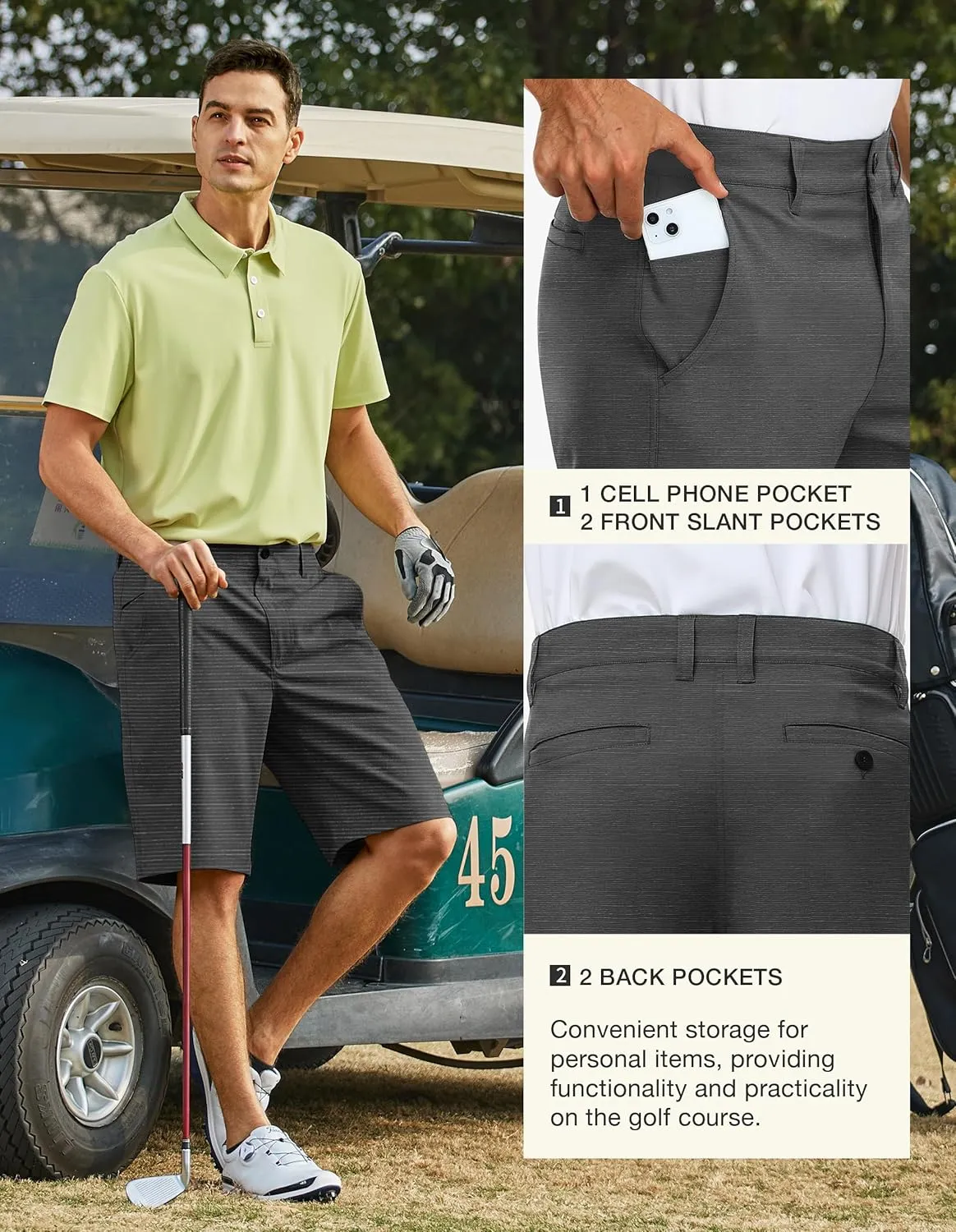 PULI Men's 10" Golf Shorts Dress Casual Summer Flat Front Lightweight Travel Short with Pockets