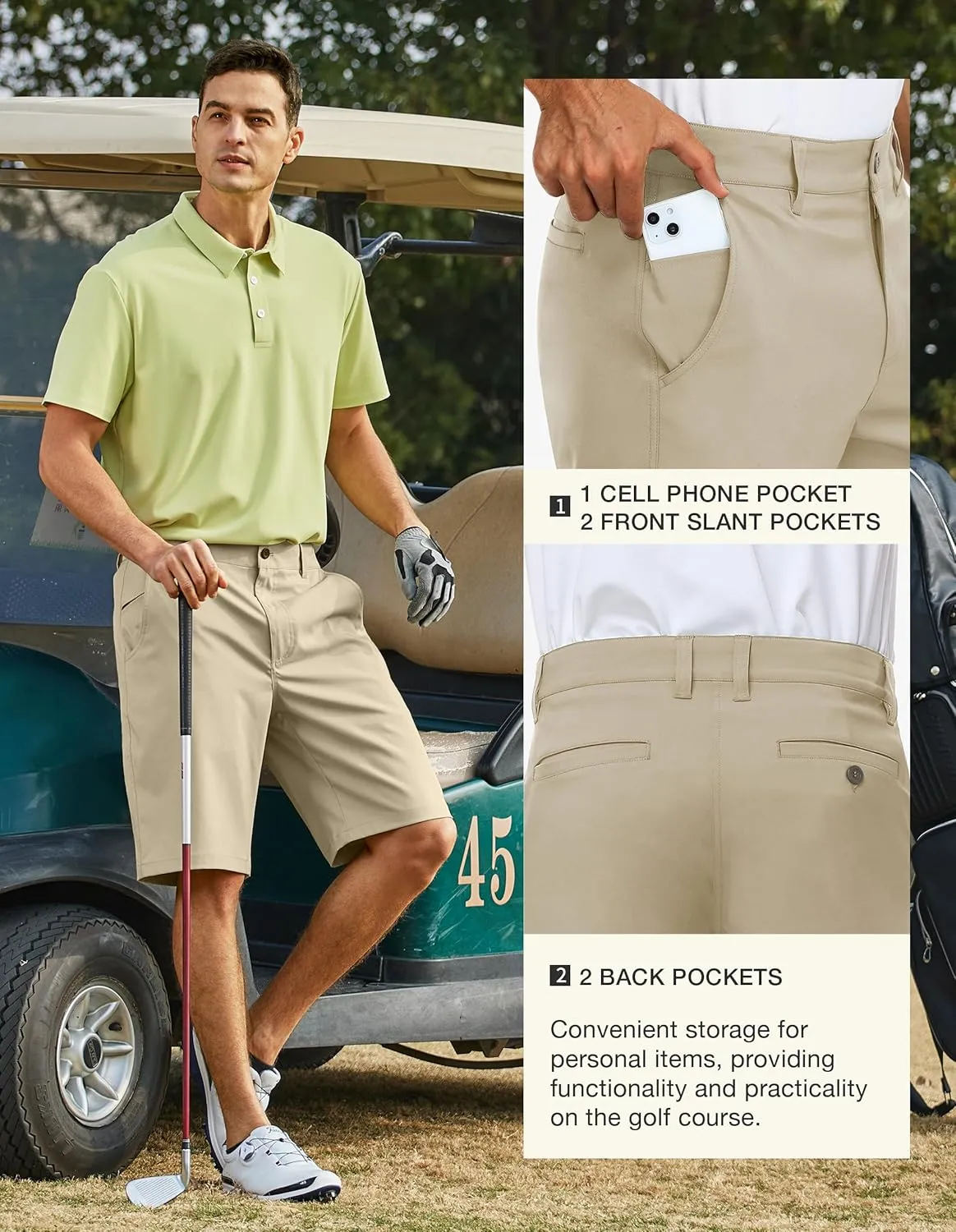 PULI Men's 10" Golf Shorts Dress Casual Summer Flat Front Lightweight Travel Short with Pockets