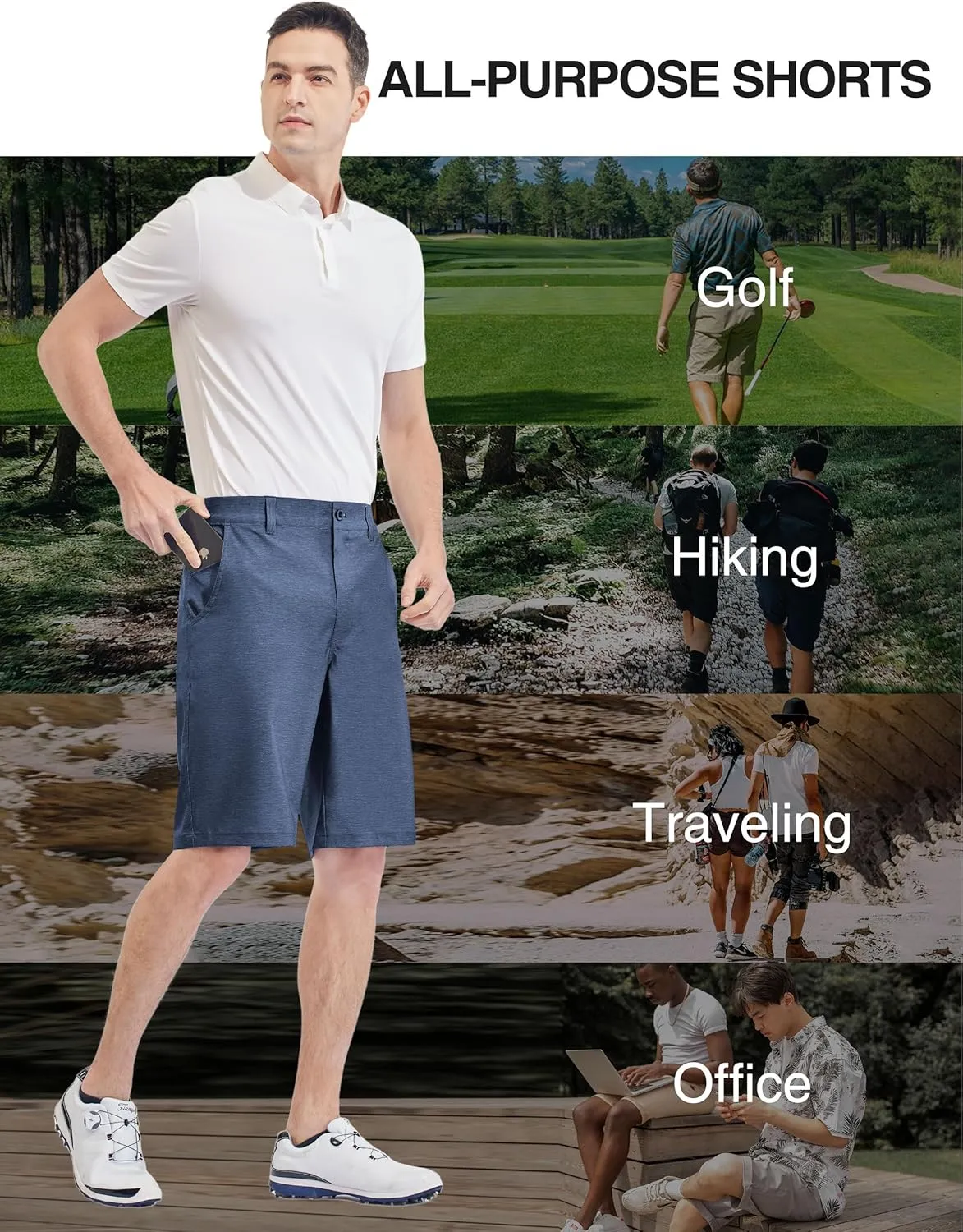 PULI Men's 10" Golf Shorts Dress Casual Summer Flat Front Lightweight Travel Short with Pockets
