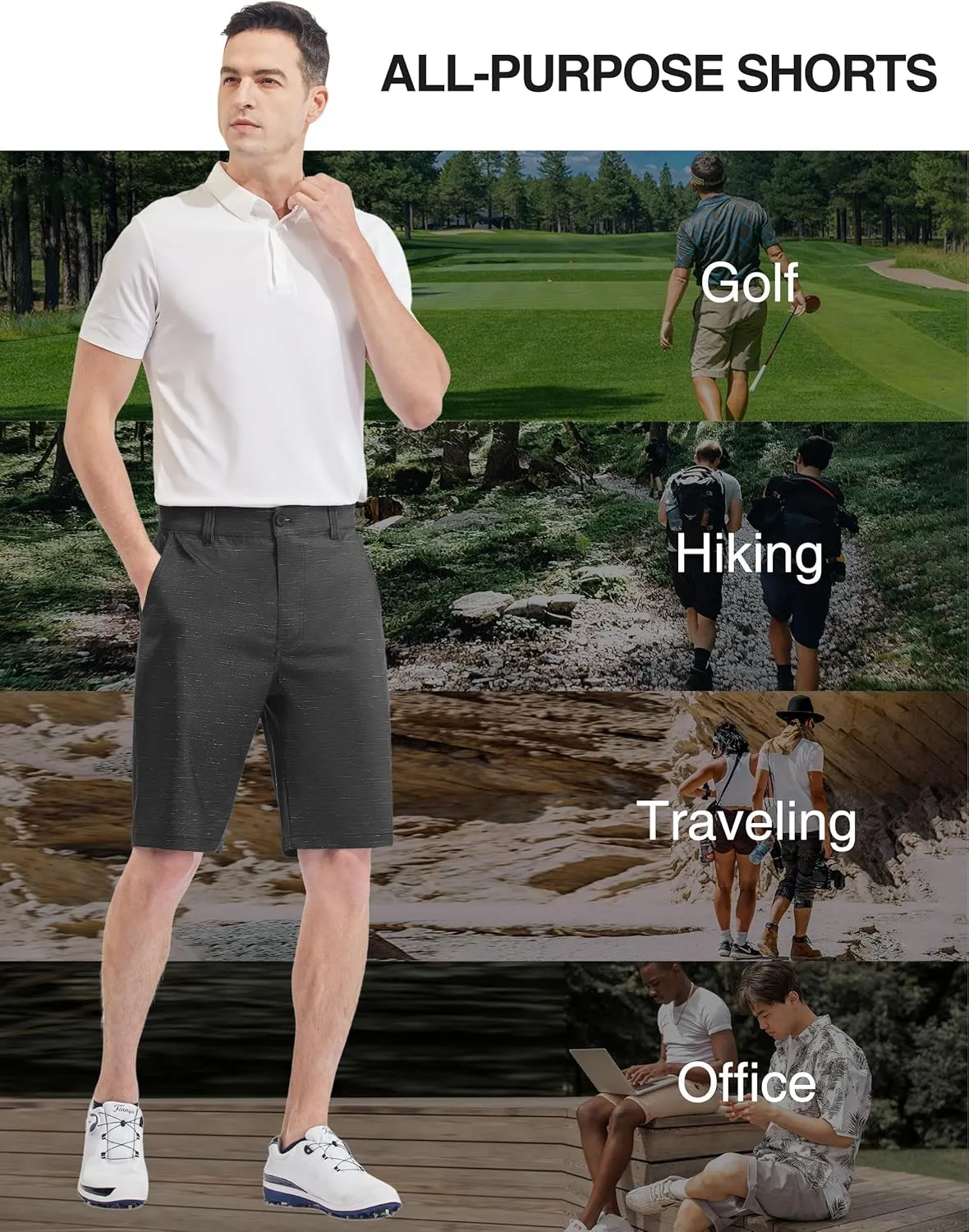 PULI Men's 10" Golf Shorts Dress Casual Summer Flat Front Lightweight Travel Short with Pockets