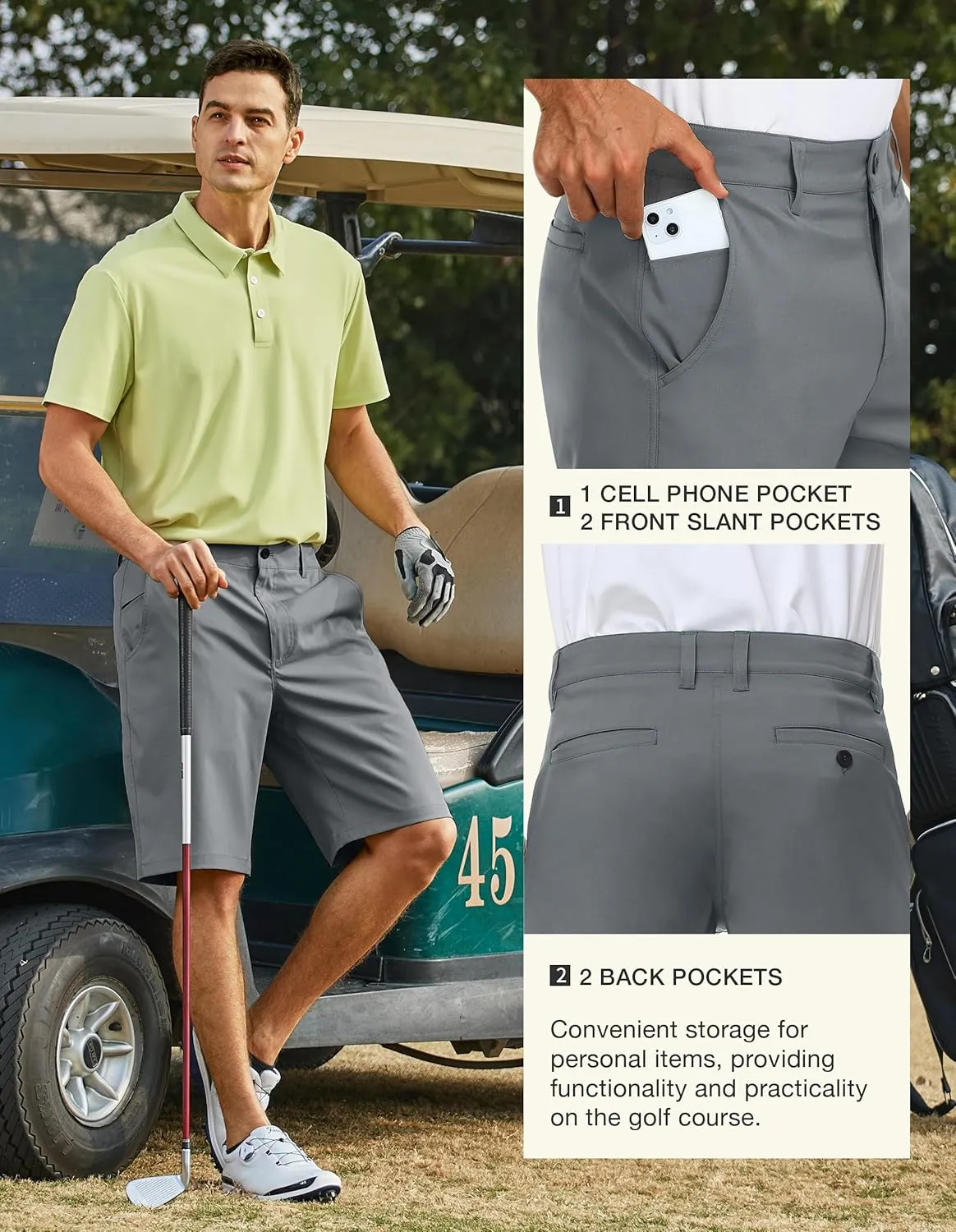 PULI Men's 10" Golf Shorts Dress Casual Summer Flat Front Lightweight Travel Short with Pockets