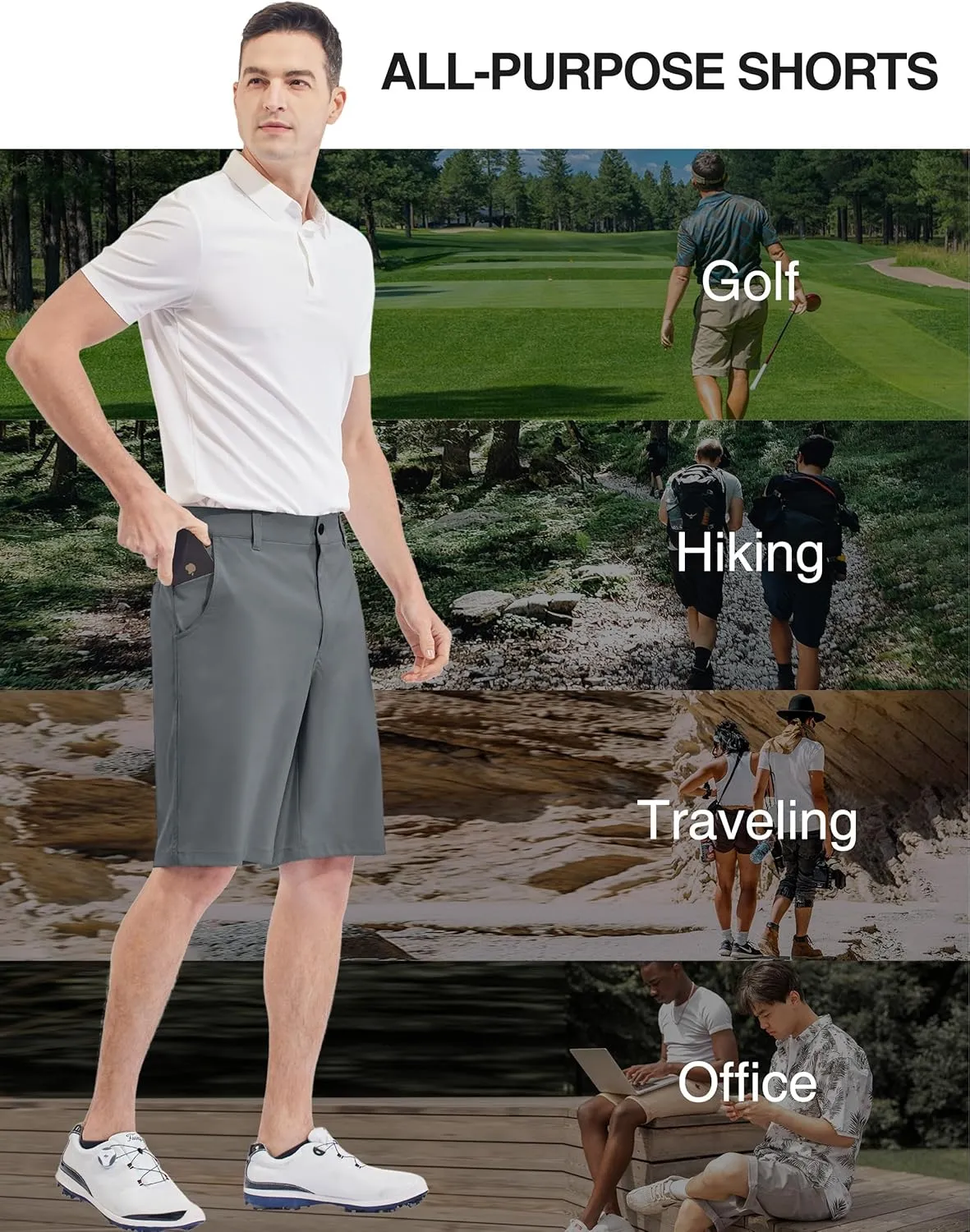 PULI Men's 10" Golf Shorts Dress Casual Summer Flat Front Lightweight Travel Short with Pockets