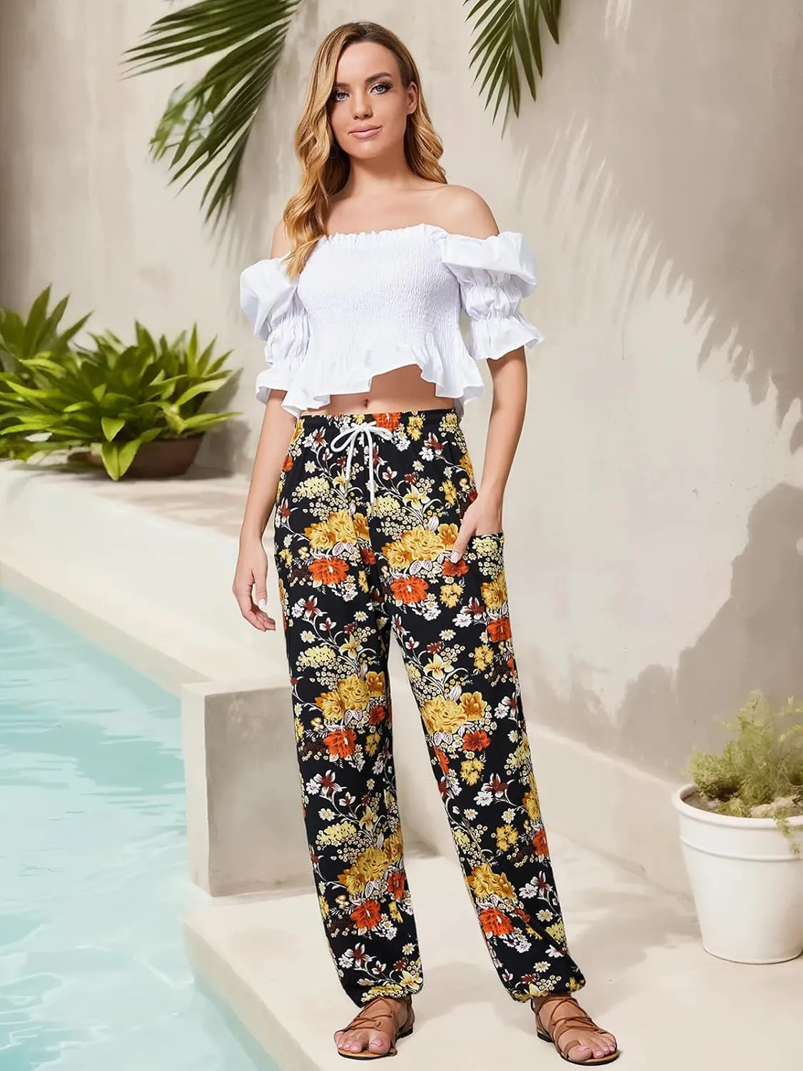 QIANXIZHAN Women's Harem Pants, Hippie Palazzo Pants Boho Joggers Yoga Clothes with Pockets