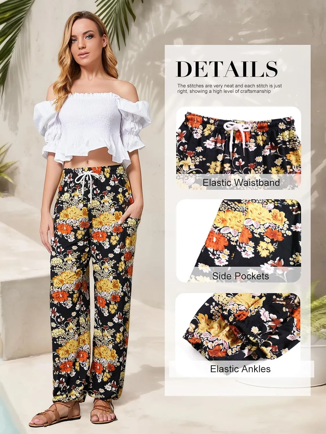 QIANXIZHAN Women's Harem Pants, Hippie Palazzo Pants Boho Joggers Yoga Clothes with Pockets