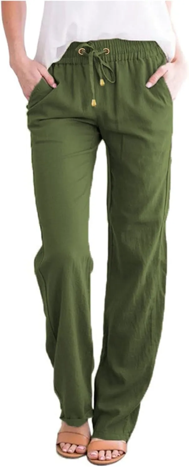 QWENTMTNTY Casual Summer Linen Pants for Women Loose Fit Elastic Waist Drawstring Trousers Comfy Beach Lounge Pants Pockets