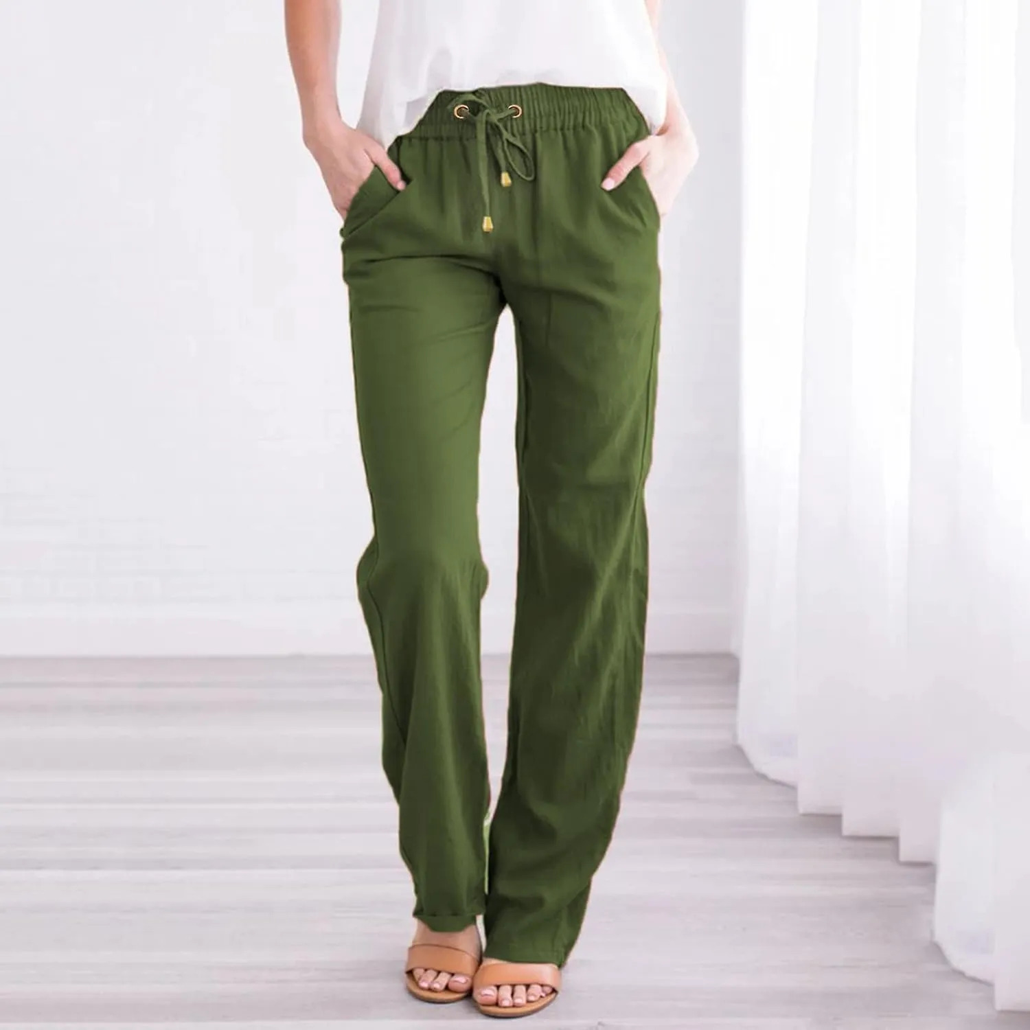 QWENTMTNTY Casual Summer Linen Pants for Women Loose Fit Elastic Waist Drawstring Trousers Comfy Beach Lounge Pants Pockets