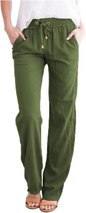 QWENTMTNTY Casual Summer Linen Pants for Women Loose Fit Elastic Waist Drawstring Trousers Comfy Beach Lounge Pants Pockets