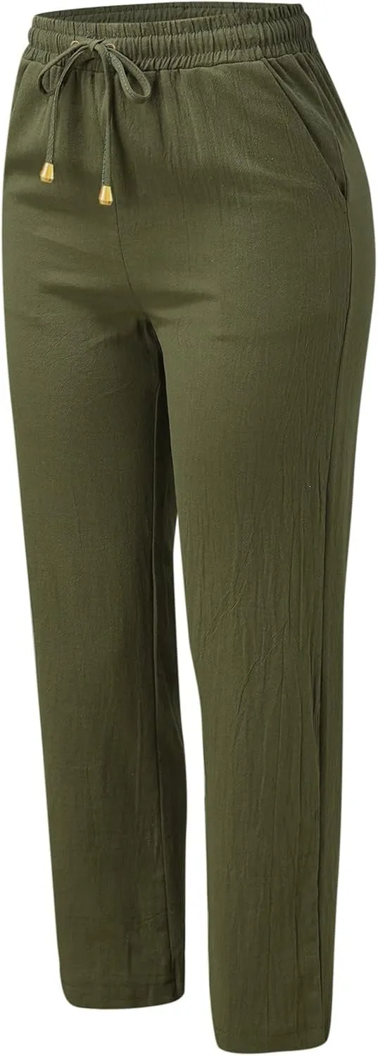 QWENTMTNTY Casual Summer Linen Pants for Women Loose Fit Elastic Waist Drawstring Trousers Comfy Beach Lounge Pants Pockets