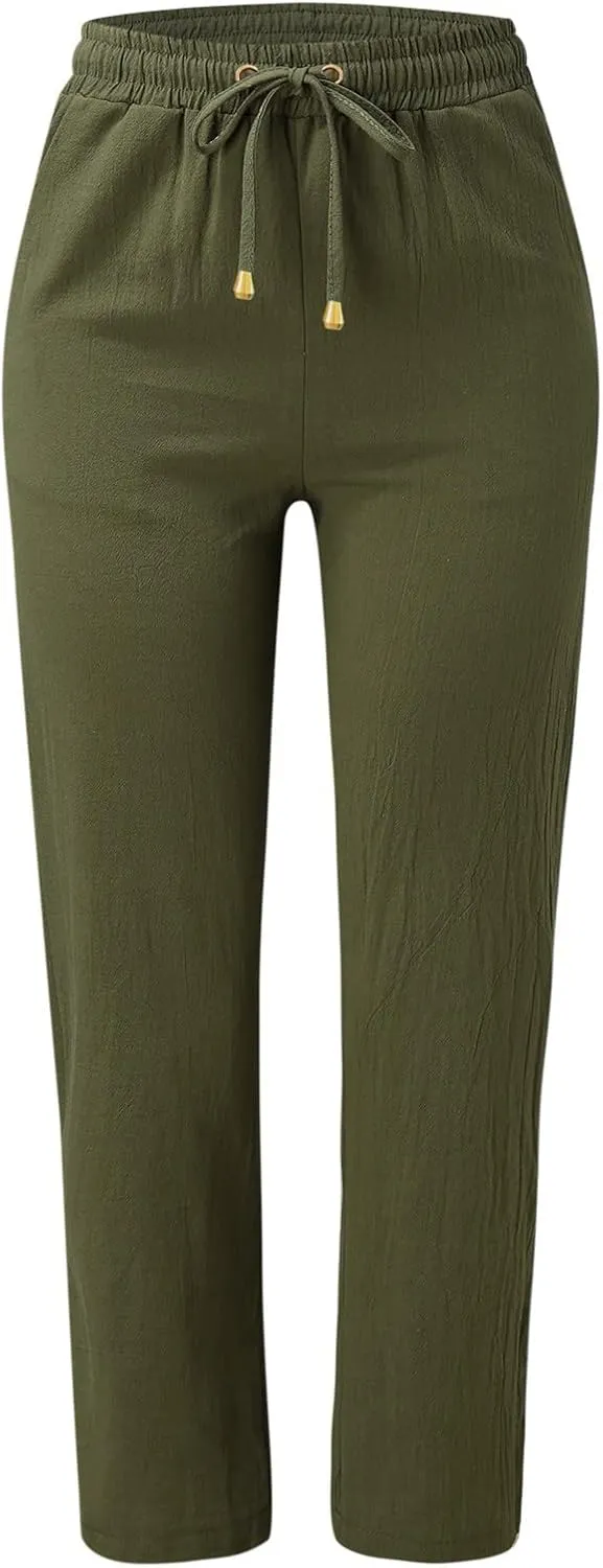 QWENTMTNTY Casual Summer Linen Pants for Women Loose Fit Elastic Waist Drawstring Trousers Comfy Beach Lounge Pants Pockets