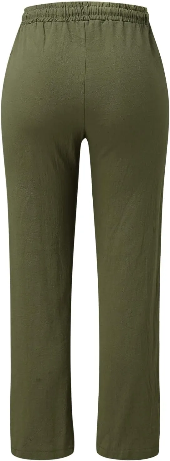 QWENTMTNTY Casual Summer Linen Pants for Women Loose Fit Elastic Waist Drawstring Trousers Comfy Beach Lounge Pants Pockets