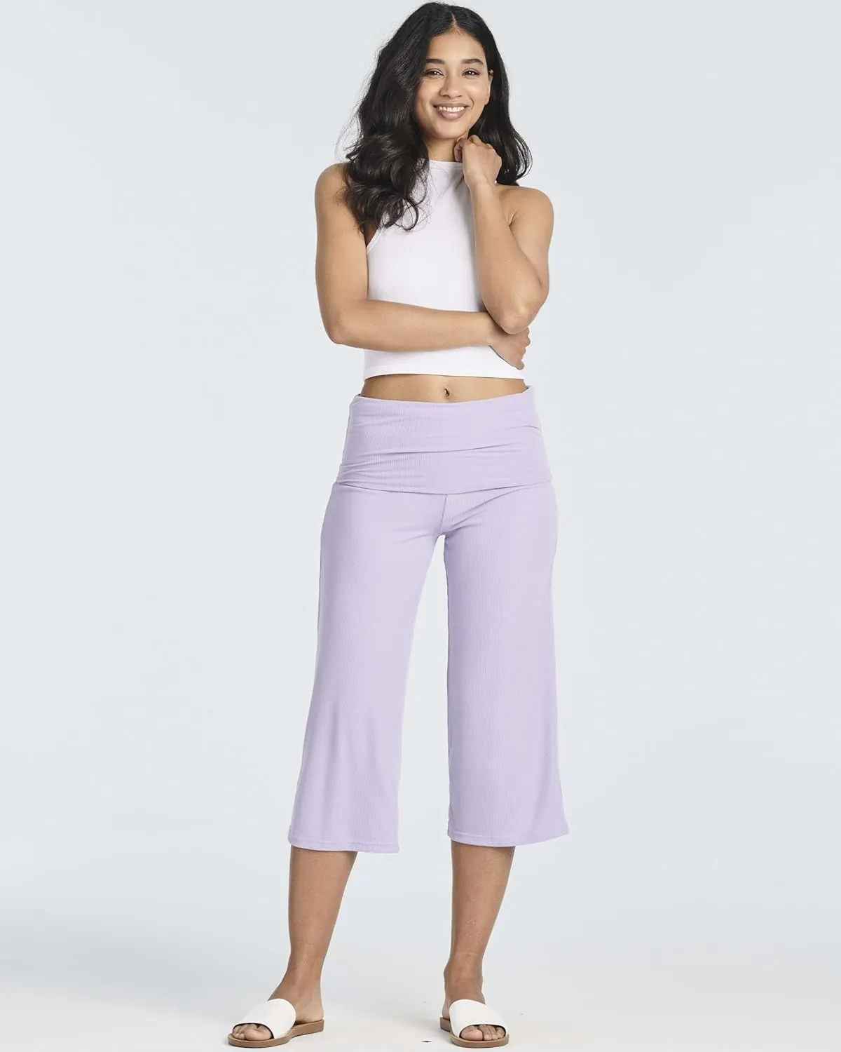 Real Essentials 3 Pack: Women's Ribbed Foldover Wide Leg Loose Capri Open Bottom Yoga Lounge Pants (Available in Plus)