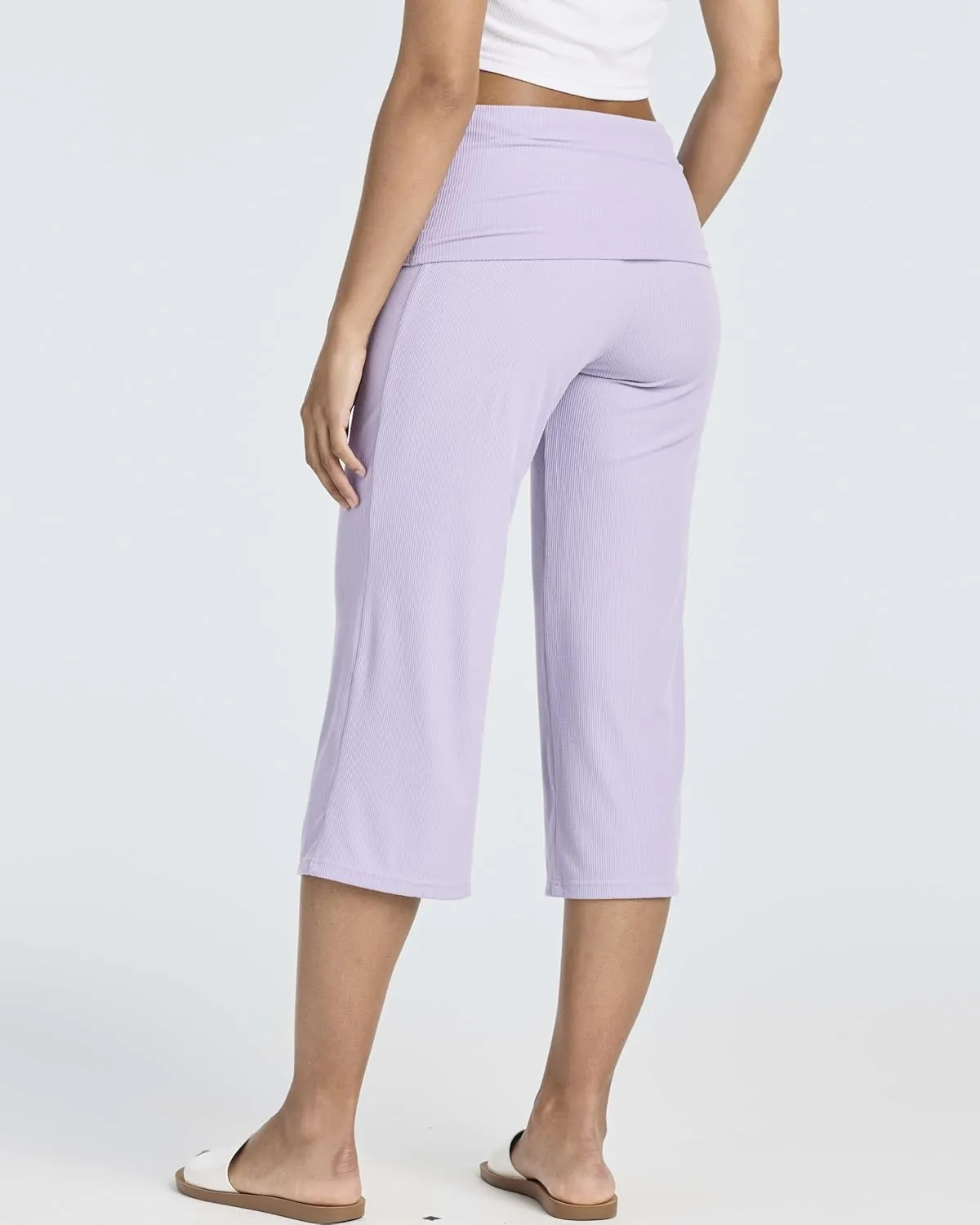 Real Essentials 3 Pack: Women's Ribbed Foldover Wide Leg Loose Capri Open Bottom Yoga Lounge Pants (Available in Plus)