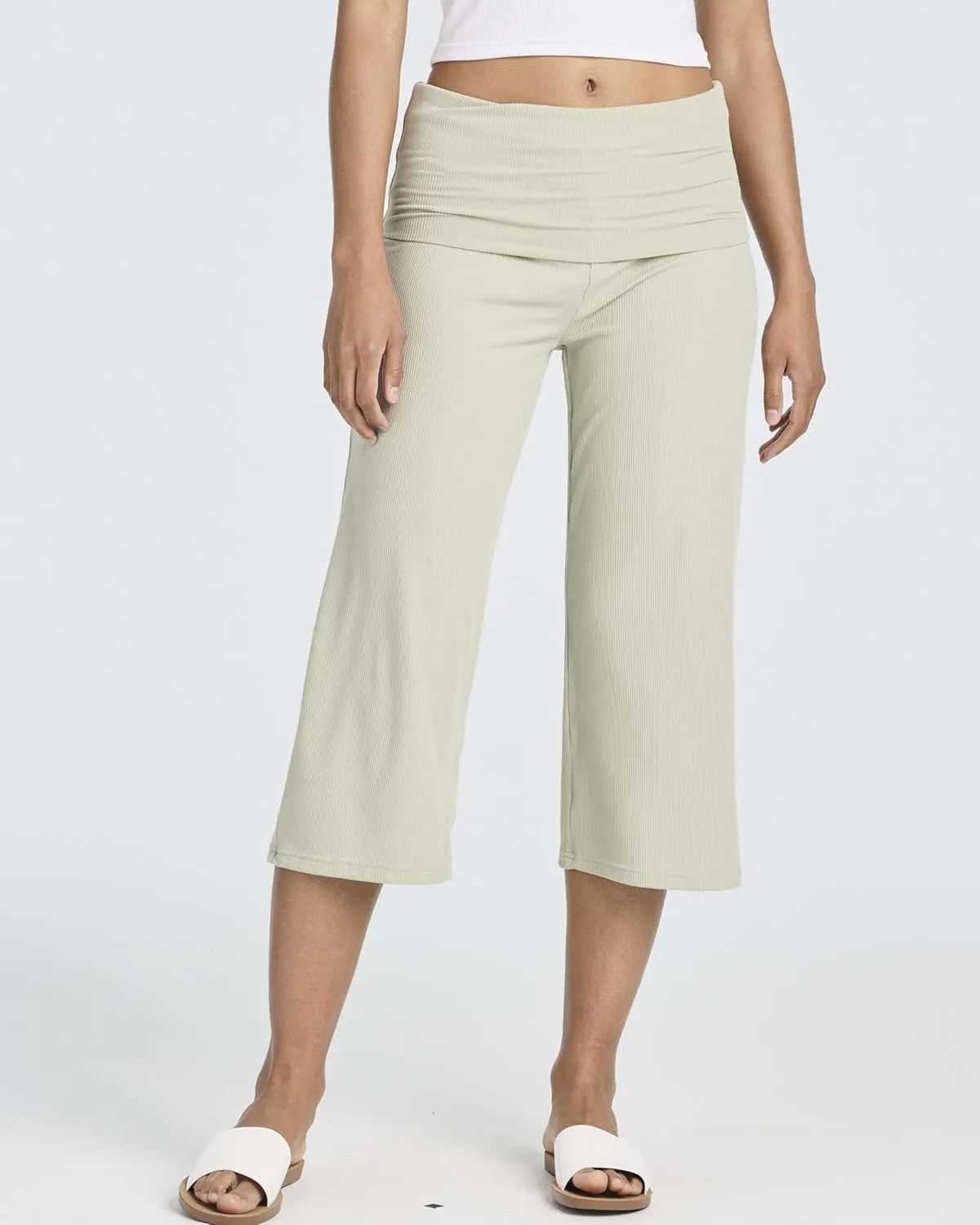 Real Essentials 3 Pack: Women's Ribbed Foldover Wide Leg Loose Capri Open Bottom Yoga Lounge Pants (Available in Plus)