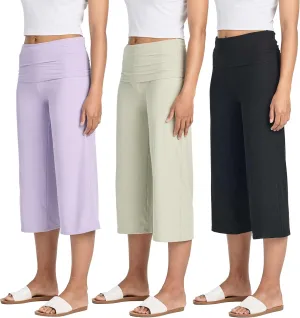 Real Essentials 3 Pack: Women's Ribbed Foldover Wide Leg Loose Capri Open Bottom Yoga Lounge Pants (Available in Plus)
