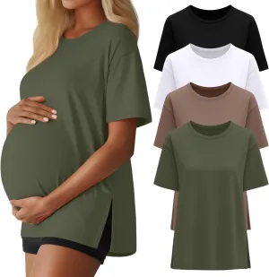Riyiper 4 Pack Women's Maternity T Shirts, Short Sleeve Split Side Pregnancy Tee Tops Casual Loose Crewneck Maternity Clothes