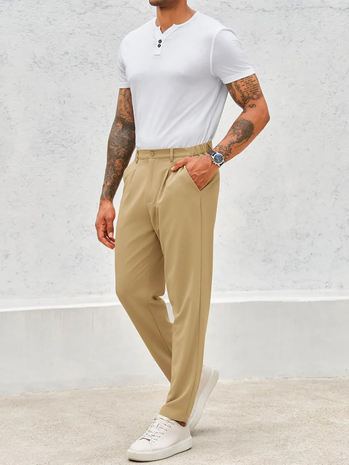 Runcati Mens Slim Fit Dress Pants Business Casual Golf Chino Pants Stretch Pleated Slacks