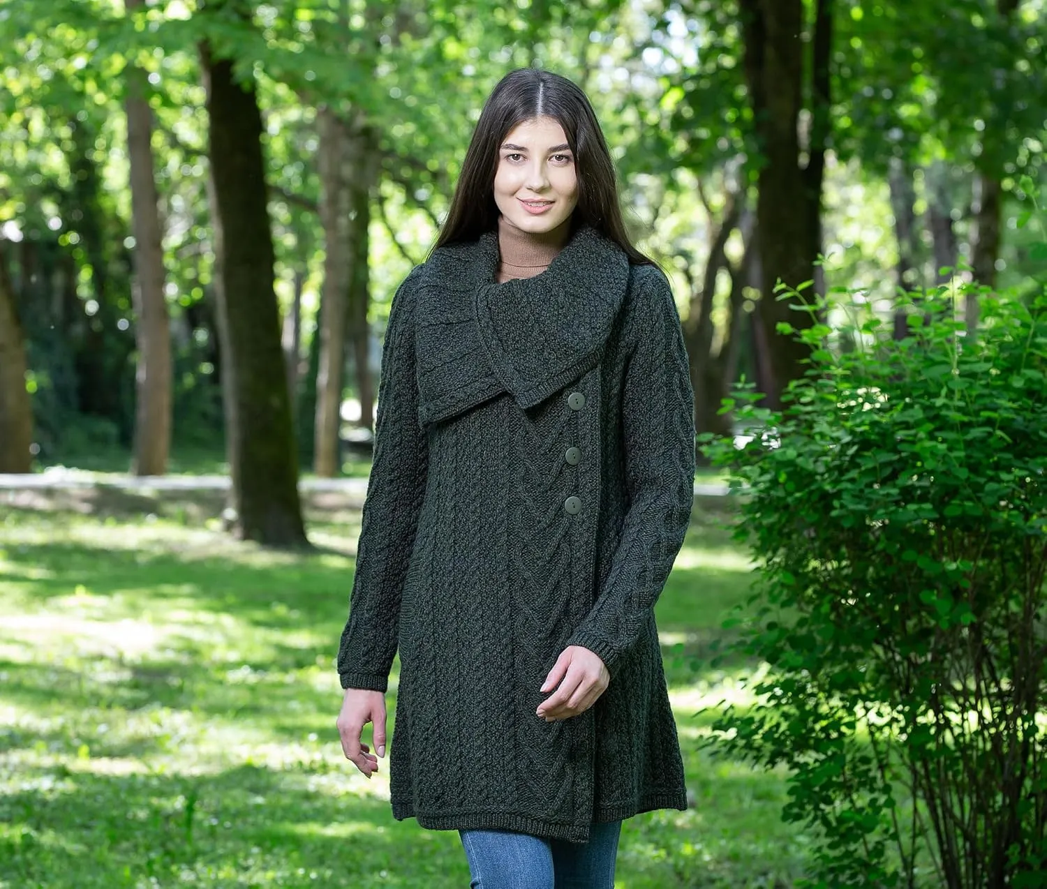 SAOL Womens Coatigan  100% Merino Wool Cable Knit Irish Cardigan with Pockets  Classic Warm Long Sweater Coat