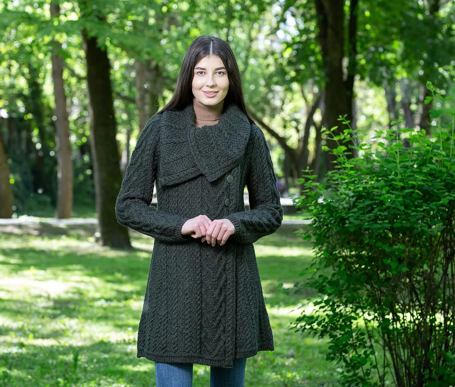 SAOL Womens Coatigan  100% Merino Wool Cable Knit Irish Cardigan with Pockets  Classic Warm Long Sweater Coat