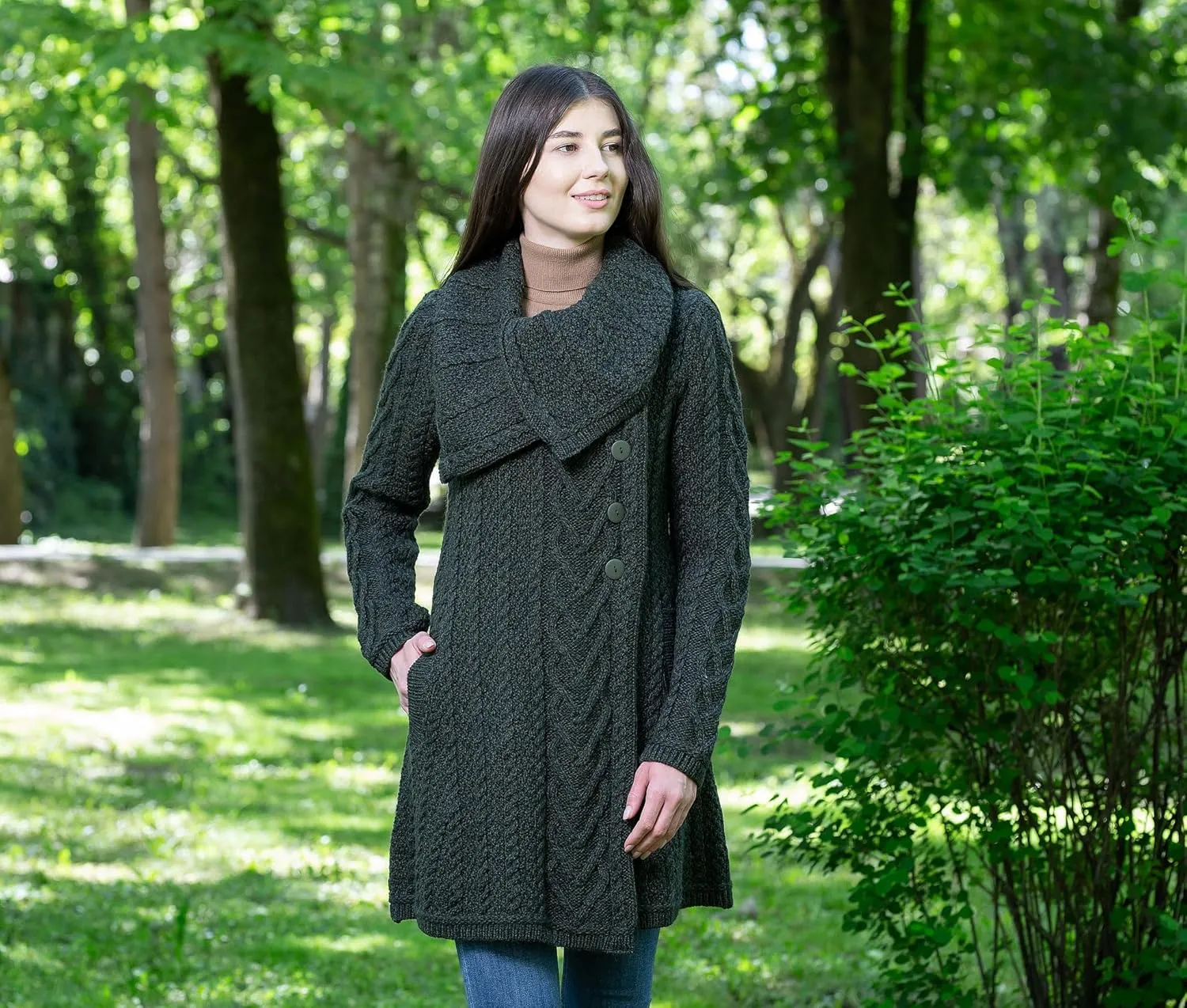 SAOL Womens Coatigan  100% Merino Wool Cable Knit Irish Cardigan with Pockets  Classic Warm Long Sweater Coat