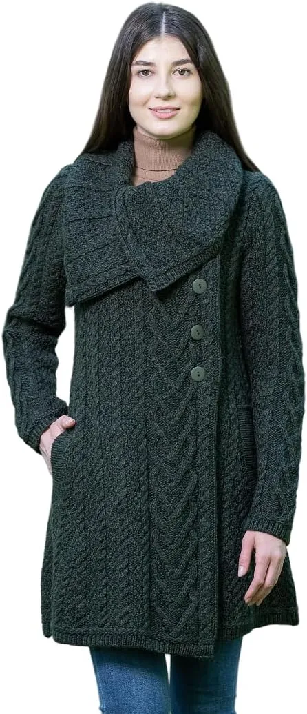 SAOL Womens Coatigan  100% Merino Wool Cable Knit Irish Cardigan with Pockets  Classic Warm Long Sweater Coat