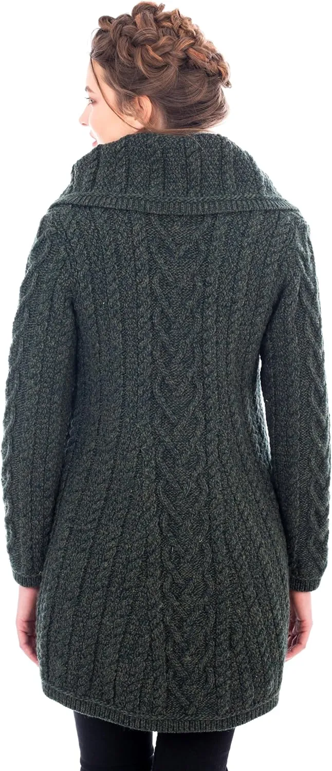 SAOL Womens Coatigan  100% Merino Wool Cable Knit Irish Cardigan with Pockets  Classic Warm Long Sweater Coat