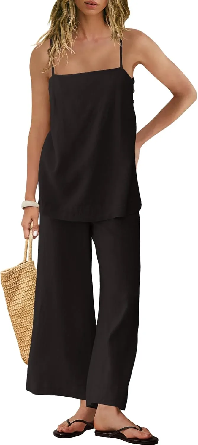 SENSERISE Womens Linen Set Two Piece Set Summer Beach Vacation Outfits Spaghetti Strap Tank Top and Pants Sets