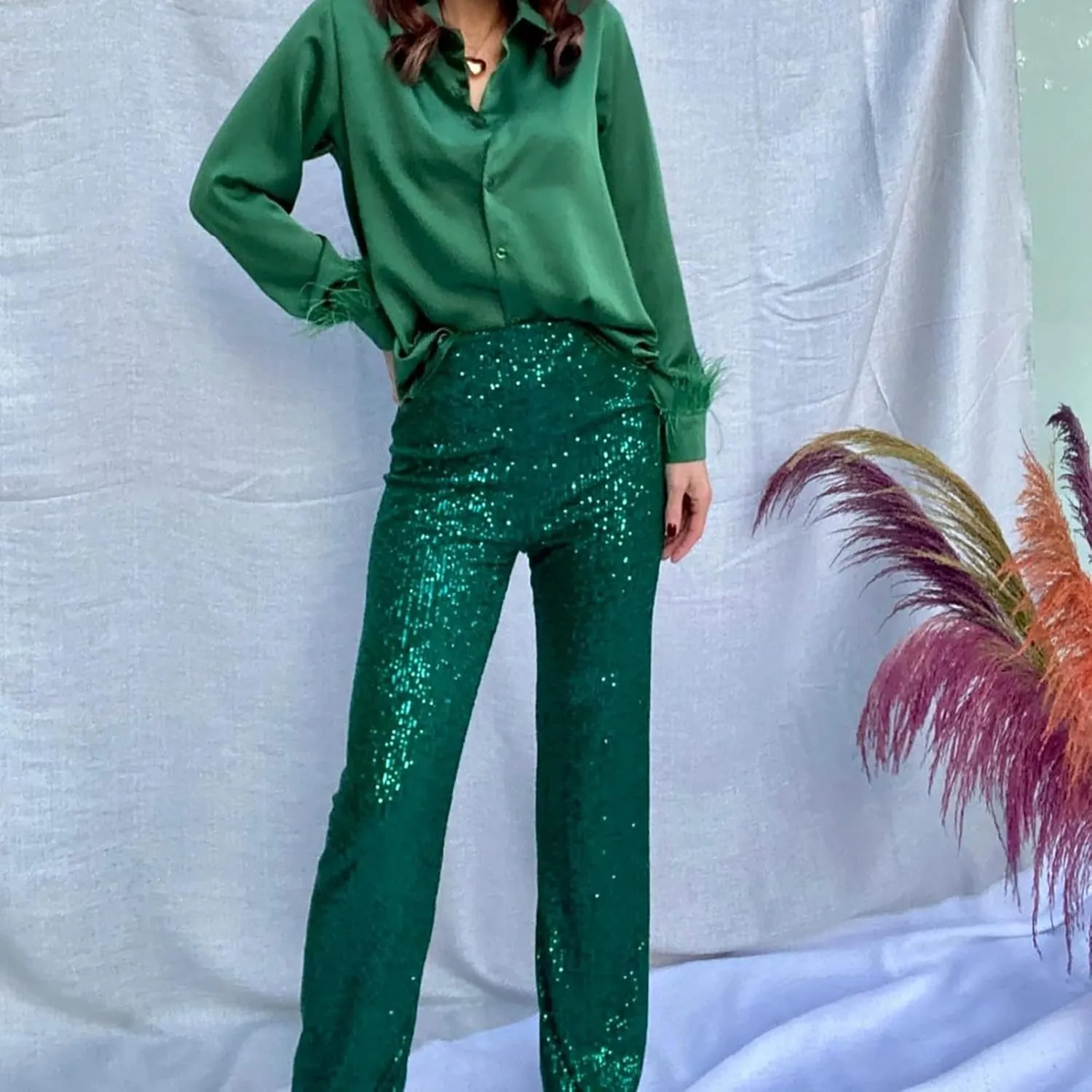 Sequin Pants for Women High Waisted Fashion Glitter Flare Bell Bottom Stretchy Casual Loose Night Party Wide Leg Trousers