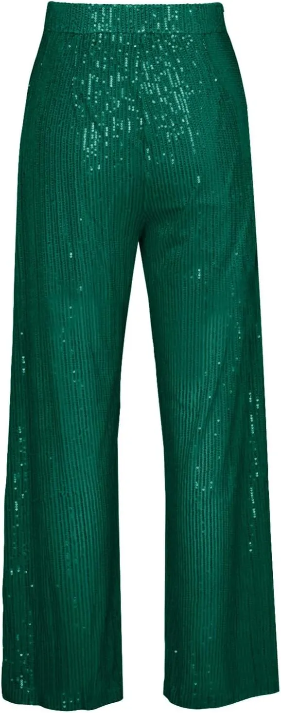 Sequin Pants for Women High Waisted Fashion Glitter Flare Bell Bottom Stretchy Casual Loose Night Party Wide Leg Trousers