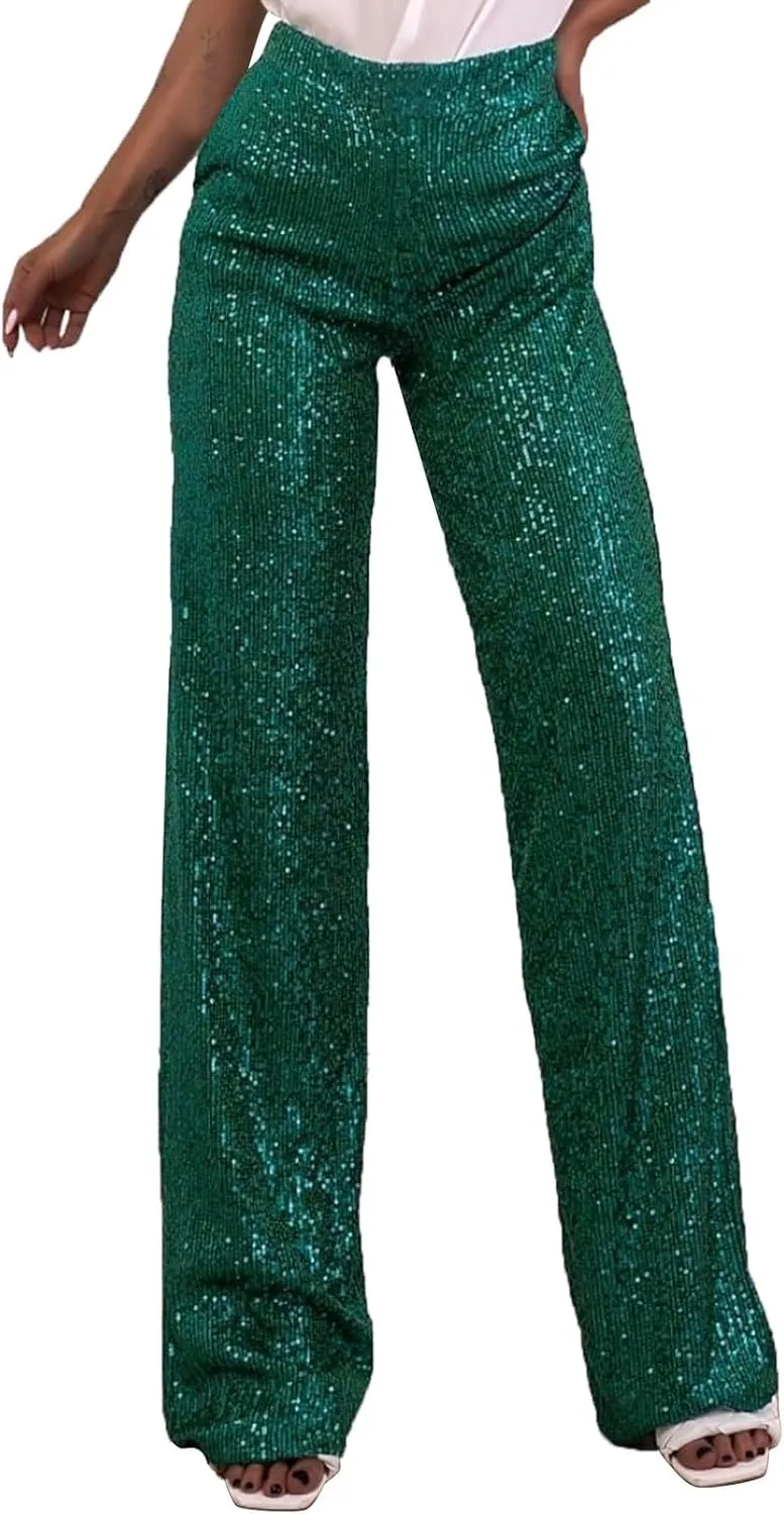 Sequin Pants for Women High Waisted Fashion Glitter Flare Bell Bottom Stretchy Casual Loose Night Party Wide Leg Trousers