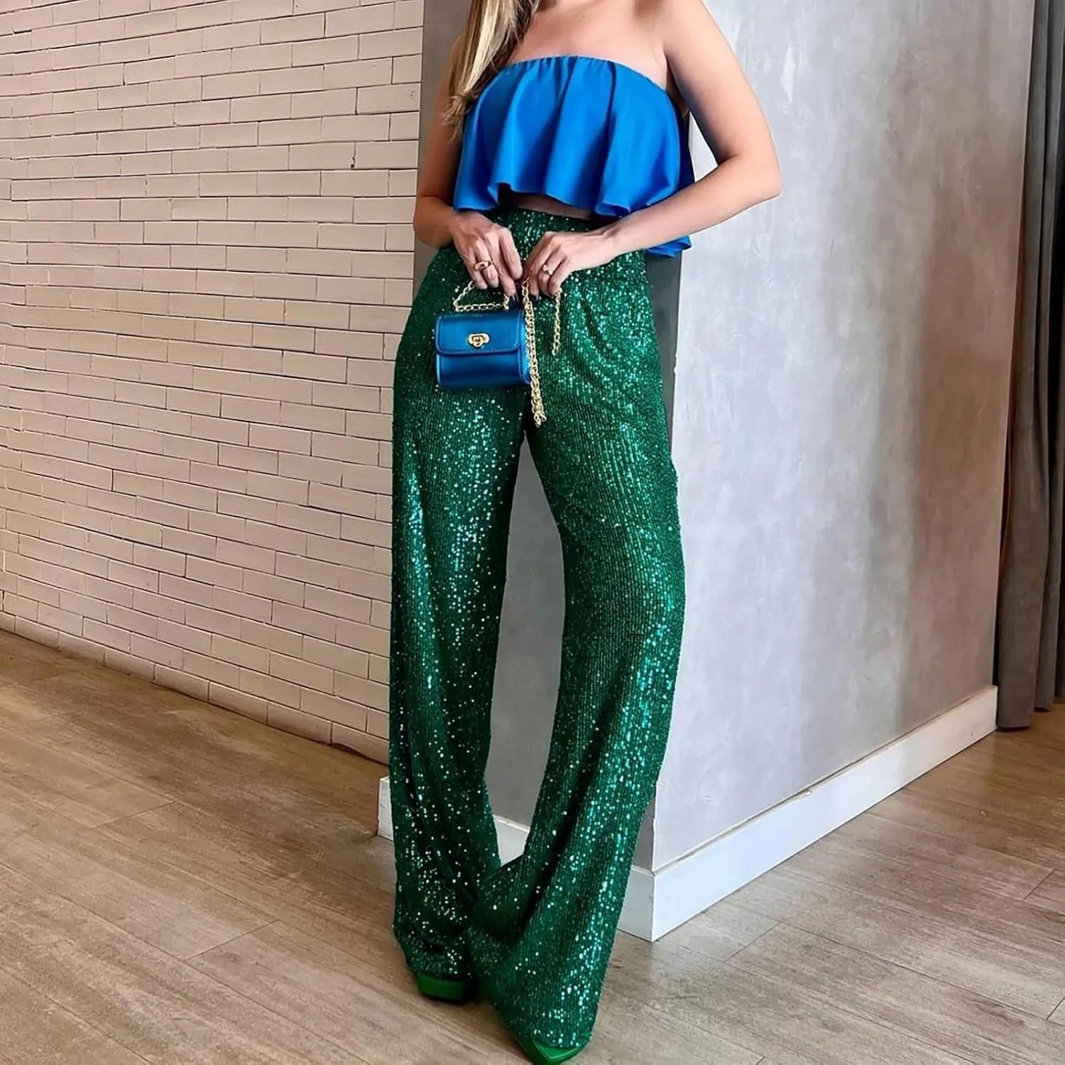 Sequin Pants for Women High Waisted Fashion Glitter Flare Bell Bottom Stretchy Casual Loose Night Party Wide Leg Trousers