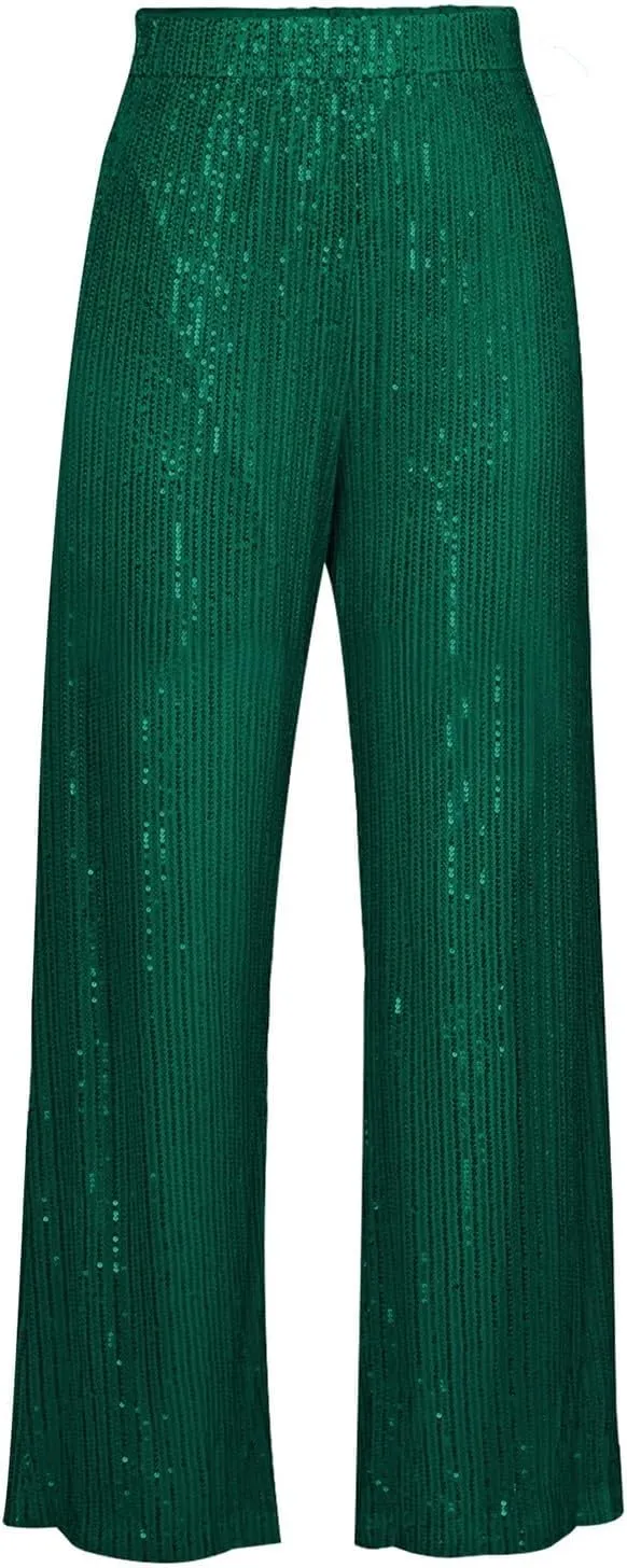 Sequin Pants for Women High Waisted Fashion Glitter Flare Bell Bottom Stretchy Casual Loose Night Party Wide Leg Trousers